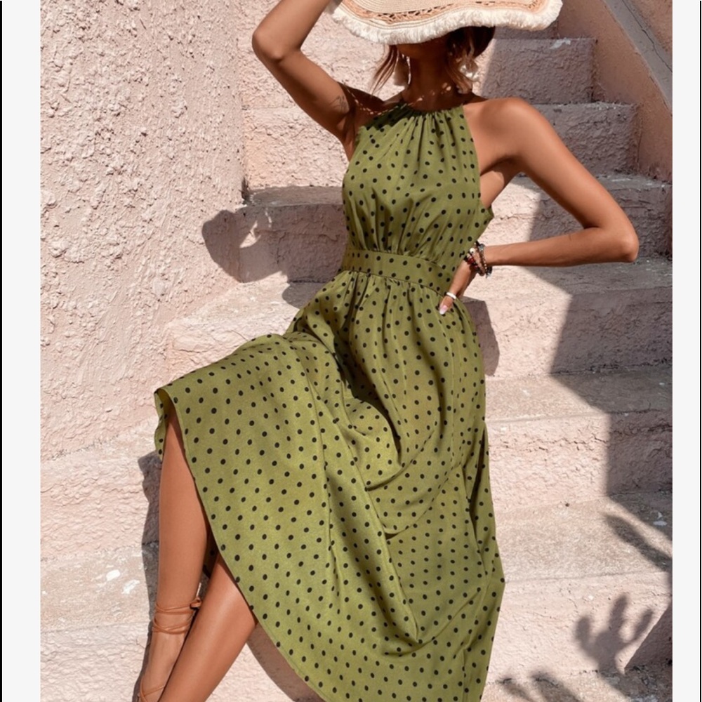 Boho Polka Dot Halter Maxi Dress Brown - Picture 7 of 13